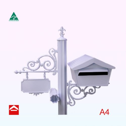 Alpine style letterbox on a scroll bracket. A central fluted post with fleur de lys a top. A shingle scroll number plate with newspaper holder to the left.
