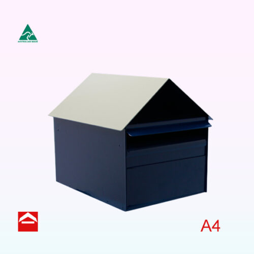 Front view of the Arndale rear opening rectangular box with gable roof 285mm wide x 370mm deep x 300mm high. Lockable.
