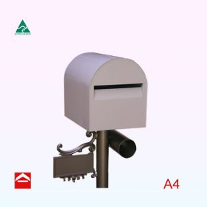 Half barrel letterbox rear open atop a 60mm post with newspaper holder and number plate.
