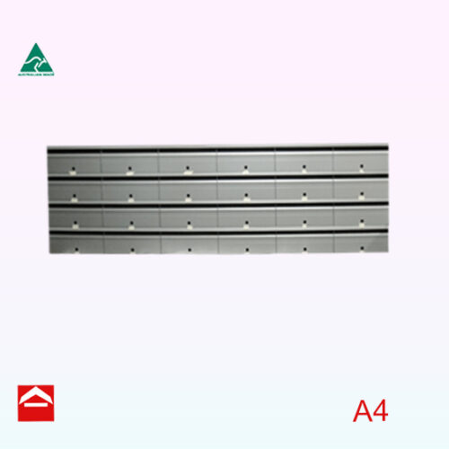 Front view of Bank of 24 Front open rectangular letterboxes. Individual mailbox 350mm wide x 250mm deep x 175mm high