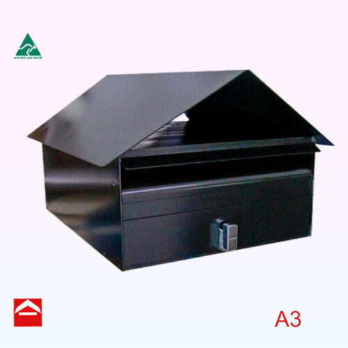 Front of Bellevue front opening rectangular letterbox 410mm wide x 545mm* high x 280mm deep *to the apex of the roof
