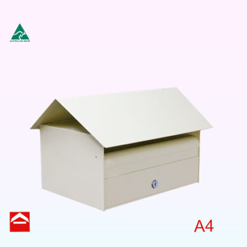 Angled view Cottage front opening rectangular letterbox 425mm wide x 300mm deep x 255mm high with a gable roof.