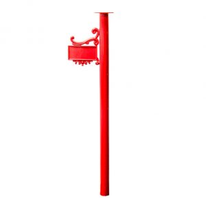 This is an example of a 63mm diameter round post with a number plate and scroll work. It has a header plate and is 1100mm high. This example is powder coated Flame Red