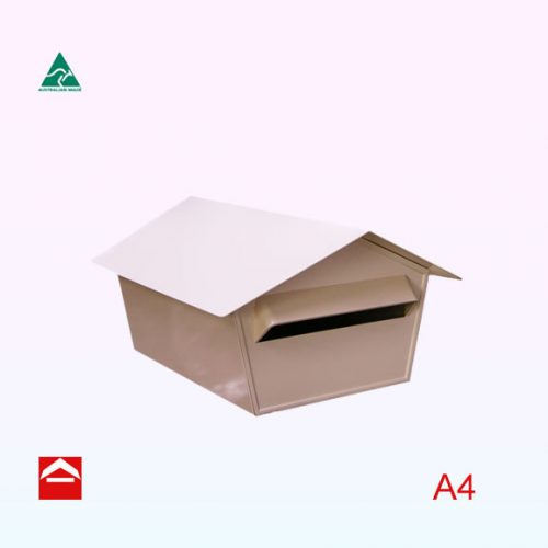Dacha rear opening letterbox with gable roof that looks like a house. 370w x 460d. Has cast aluminium front and rear plates. A4.