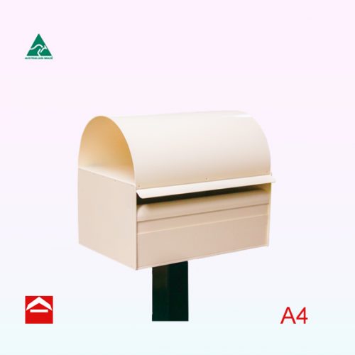 Rear open A4 sized letterbox with a dome roof and a sleek square post.