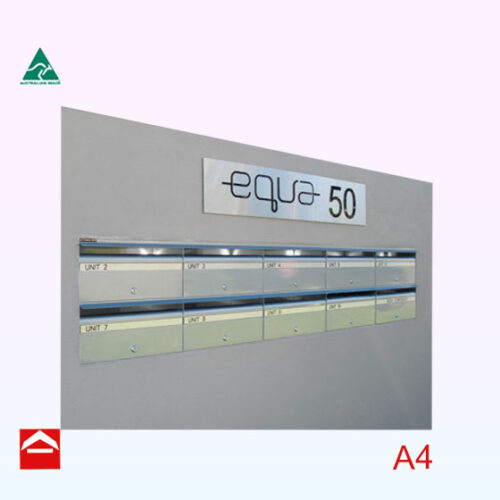 10 Aluminium Front open mailboxes with a stainless steel sign above.