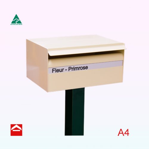 Rectangular A4 letterbox rear opening mounted on a 65x65 square post. This example also has an engraved strip