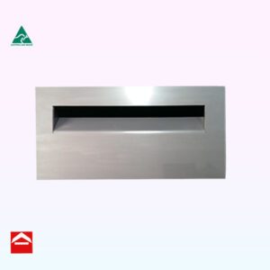 Image of a stainless steel front plate with mail slot 410mm wide x 220mm high suitable for a besser block sized aluminium mailbox behind