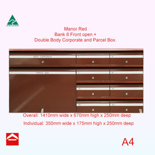 Front view of Bank of 8 individual letterboxes plus one double body corporate and a parcel box front opening bank. 1410mm wide x 670mm high x 250mm deep