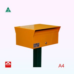 Ruby Streamline A4 rectangular letterbox with awning front ant rear. Front Open. Mounted on 65x65 square post.