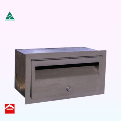 Front opening stainless steel plate with mail slot, door and key lock with a galvanised sleeve and end enclosure behind