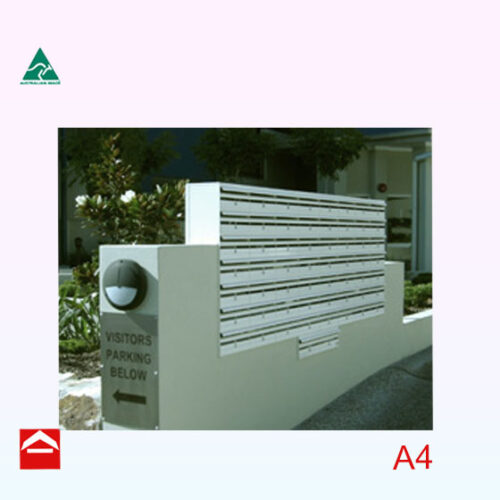 Bank of aluminium A4 letterboxes that are mounted on top of a wall.