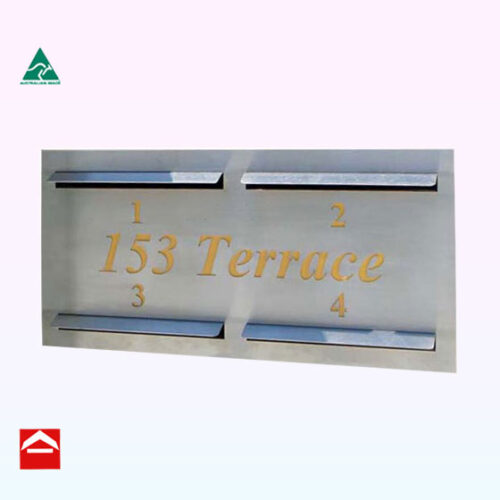 Image of the stainless steel sign with folded out mals slots and yellow backing plate for rear open letterboxes
