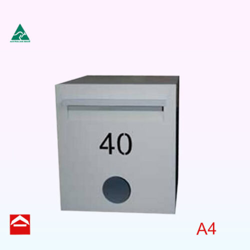 Stainless steel front plate with weather visor and mail slot with newspaper holder below. Rear open letterbox behind.