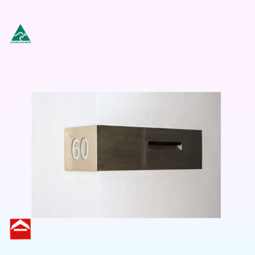 Image of a stainless steel front plate that wraps around a corner with the number on one side and the mail box on the other