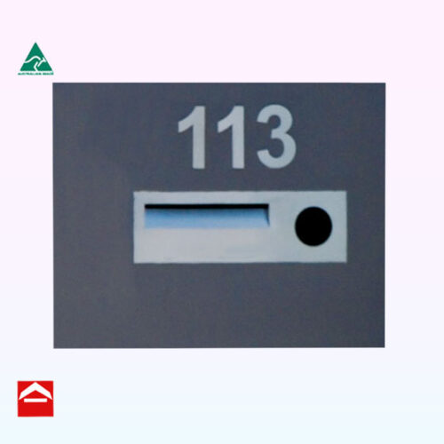 Stainless steel front plate with mail slot and newspaper holder to right with stainless steel numbers above